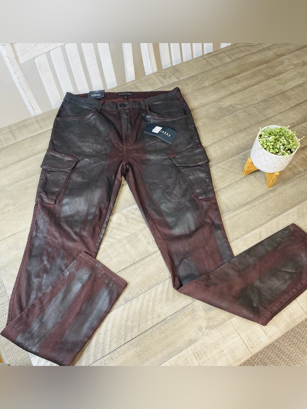 MONFRERE Preston Coated Cargo Pants Slim Fit Vin Espresso Burgundy Red Size 36